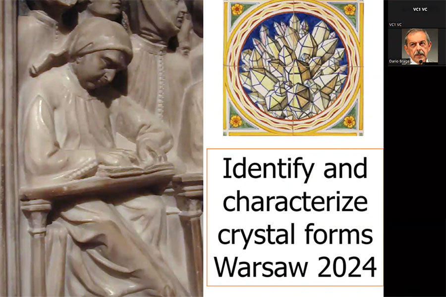 Plakat z napisem: "Identify and characterize crystal forms Warsaw 2024"