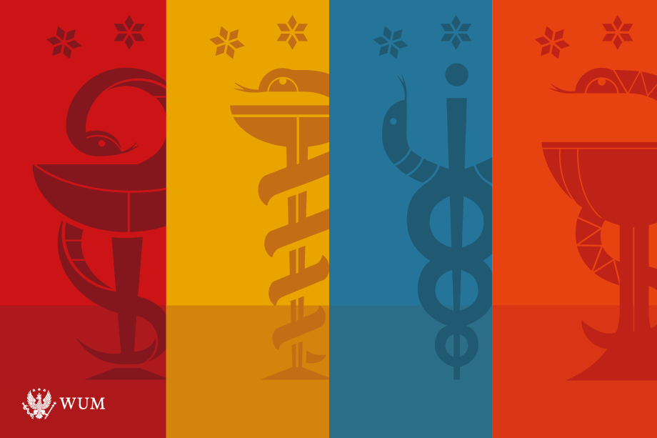 Grafika składająca się z czterech pionowych kolumn w kolorach bordowym, żółtym, niebieskim i pomarańczowym, na pionowych kolumnach symbole wydziałów WUM