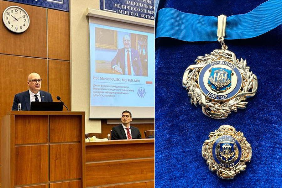 Kolaż z dwóch zdjęć. Na zdjęciu po prawej: mężczyzna w średnim wieku przy mównicy - profesor, który otrzymał tytuł doctora honoris causa, obok przy stole siedzi drugi mężczyzna. Na zdjęciu po lewej: medal 