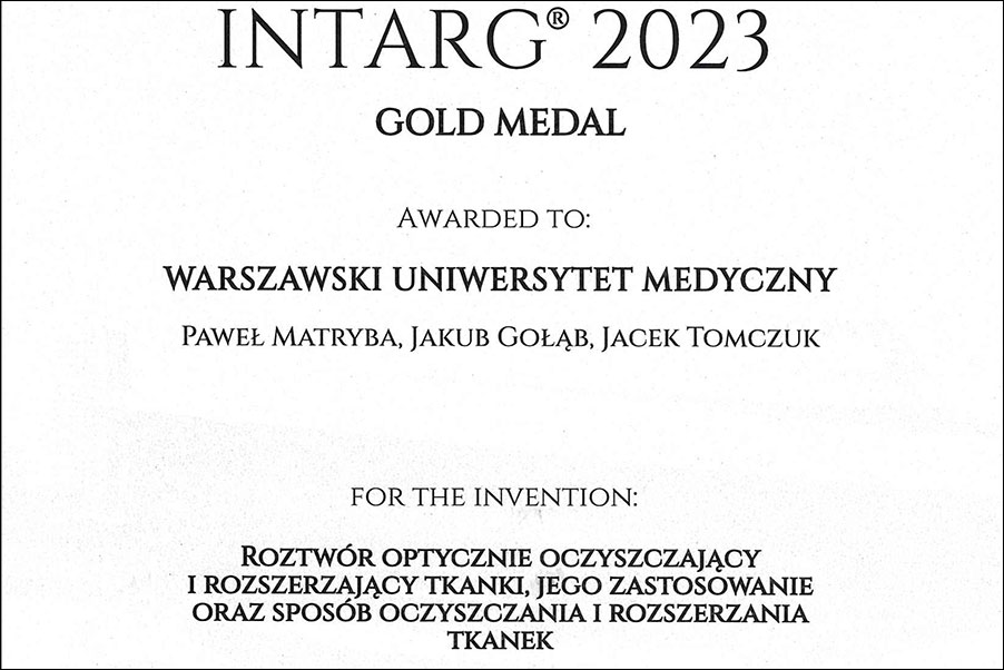 Fragment dyplomu. Na górze napis INTARG 2023, na dole nazwiska i tytuł projektu.