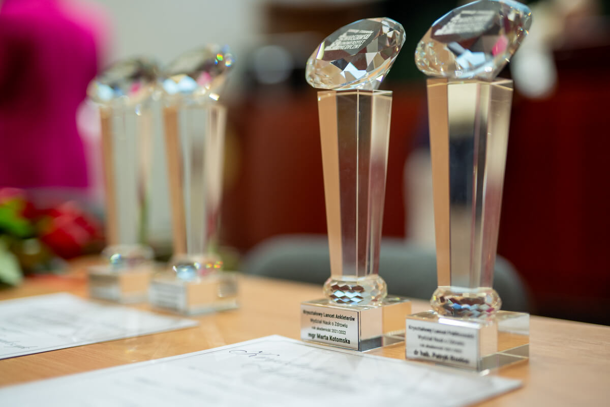 Close-up of four statuettes made of crystal. They stand on a wooden table, diplomas lie in front of them.