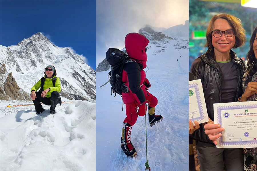 A collage of three photos. In the first, a woman in a green sweater and black pants sits on the side of a snowy mountain. In the background is the summit of K2. In the second, a person dressed in a red climbing suit looks at the summit. In the third, a woman wearing glasses smiles at the photo, holding a diploma in her hands.