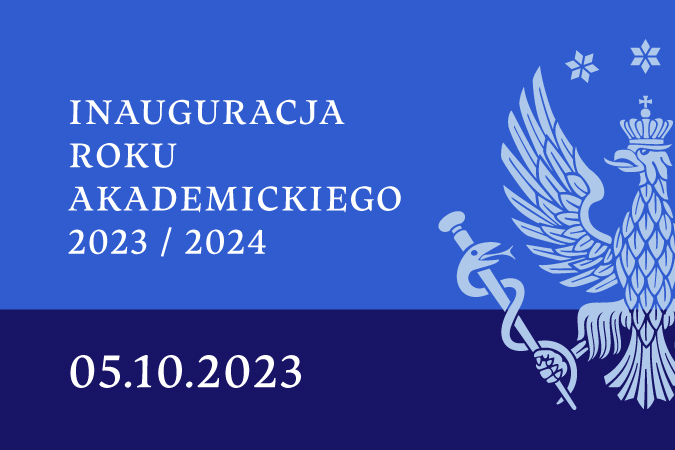 Niebiesko granatowy plakat. Na nim połówka orła oraz napis: "Inauguracja roku akademickiego 2023/2024"