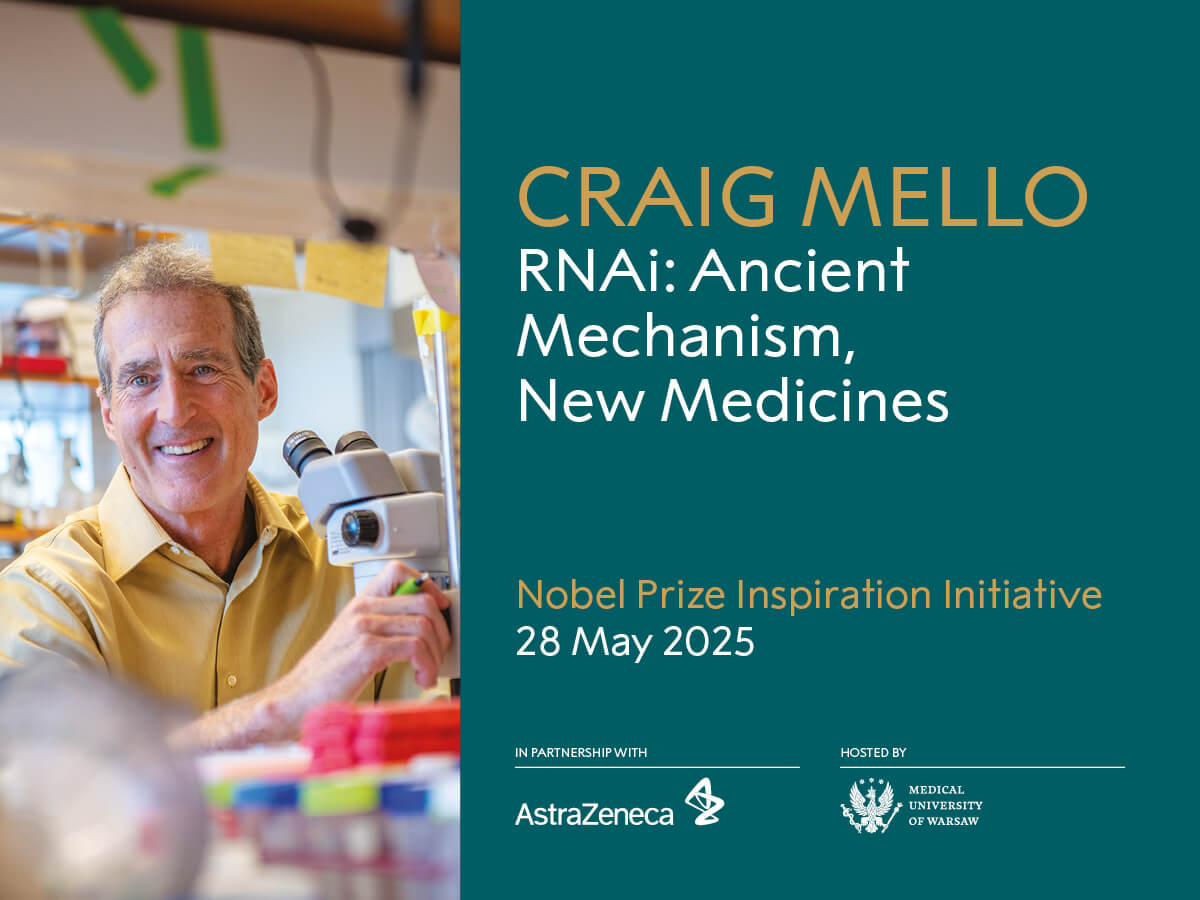 Graphic promoting the event featuring Craig C. Mello. On the left you can see a man in a laboratory, holding a microscope head in his hands. The man is smiling for the photo. He is dressed in a yellow shirt. On the right, on a blue-green background, there is white and yellow text with the name of the event, date, organizers.