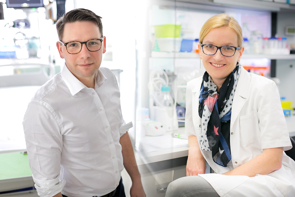 Two combined photos of two people. The man in the photo on the left wears glasses and has a white long-sleeved shirt. In the background is a hospital bed. The woman in the photo on the right is wearing a white apron and a scarf with a star pattern. Laboratory instruments can be seen in the background.