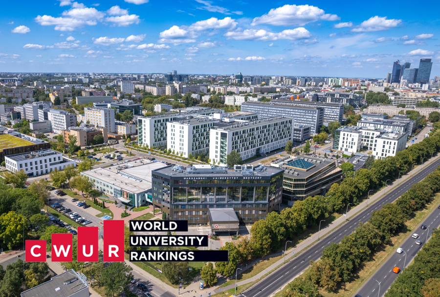 Aerial view of the university campus with modern buildings surrounded by greenery. City skyline with residential and office buildings in the background. White clouds in the sky. In the lower left corner, the CWUR logo and the words “WORLD UNIVERSITY RANKINGS”.