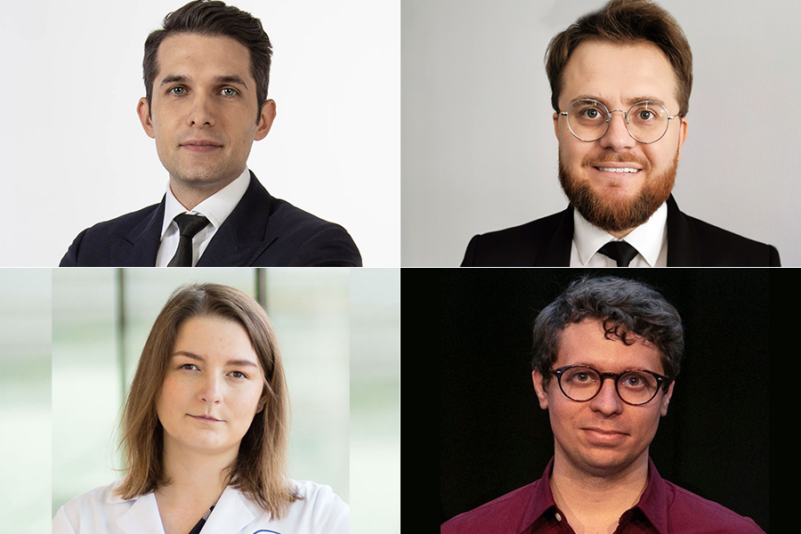Cztery zdjęcia osób z zamazanymi twarzami. Górny lewy: mężczyzna w ciemnym garniturze i białej koszuli na jasnym tle. Górny prawy: mężczyzna z brodą w czarnym garniturze i białej koszuli na szarym tle. Dolny lewy: kobieta w białym fartuchu medycznym na zielonym tle. Dolny prawy: mężczyzna w bordowej koszuli na czarnym tle.