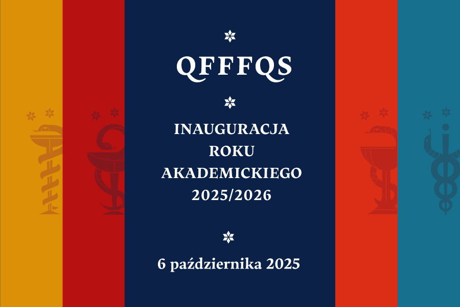 plakat. W centralnej jego części na granatowym tle napis "QFFFQS Inauguracja roku akademickiego 2025/2026 roku akademickiego 6 października 2025"po prawej i po lewej stronie napisu po dwa kolorowe paski. Po lewej pomarańczowy i czerwony, po prawej jasnoczerwony i niebieski. Są to kolory czterech wydziałów WUM
