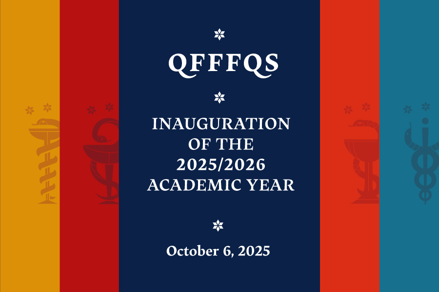 poster. In the center, on a navy blue background, there is the inscription “QFFFQS Inauguration of the 2025/2026 academic year October 6, 2025” with two colored stripes on the right and left sides of the inscription. On the left, there are orange and red stripes, and on the right, there are bright red and blue stripes. These are the colors of the four faculties of the Medical University of Warsaw. 