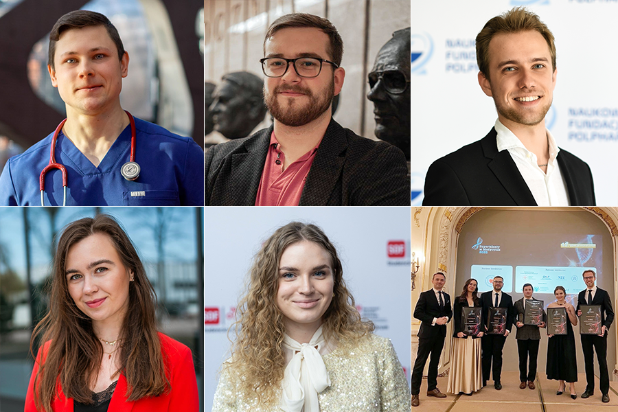 Kolaż składający się z 6 zdjęć. Na pierwszych pięciu są studenci i doktoranci, którzy zostali wyróżnieni, ostatnie to zdjęcie grupowe.