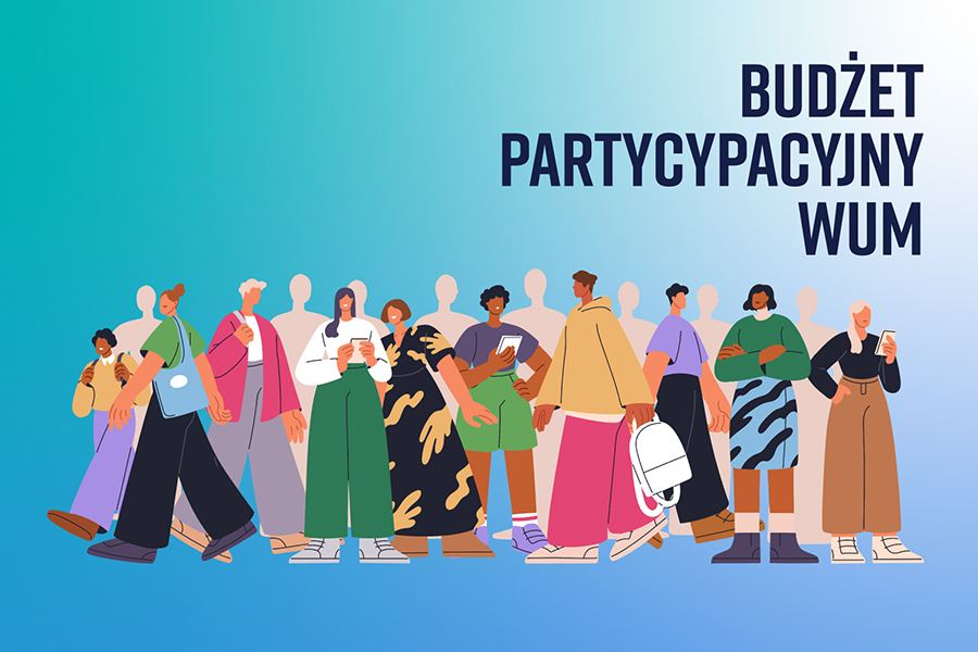 Grafika przedstawiająca tłum kolorowo ubranych osób na niebieskim tle. W prawym górnym roku widać napis BUDŻET PARTYCYPACYJNY WUM.