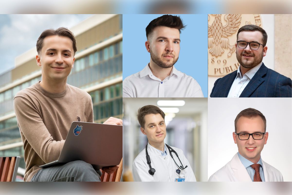 A collage of five people. One person is sitting outdoors with a laptop. Four portraits: a person against a plain background, a person in a suit with an emblem in the background, a person in a medical corridor with a stethoscope, and a person in white attire against a light background.