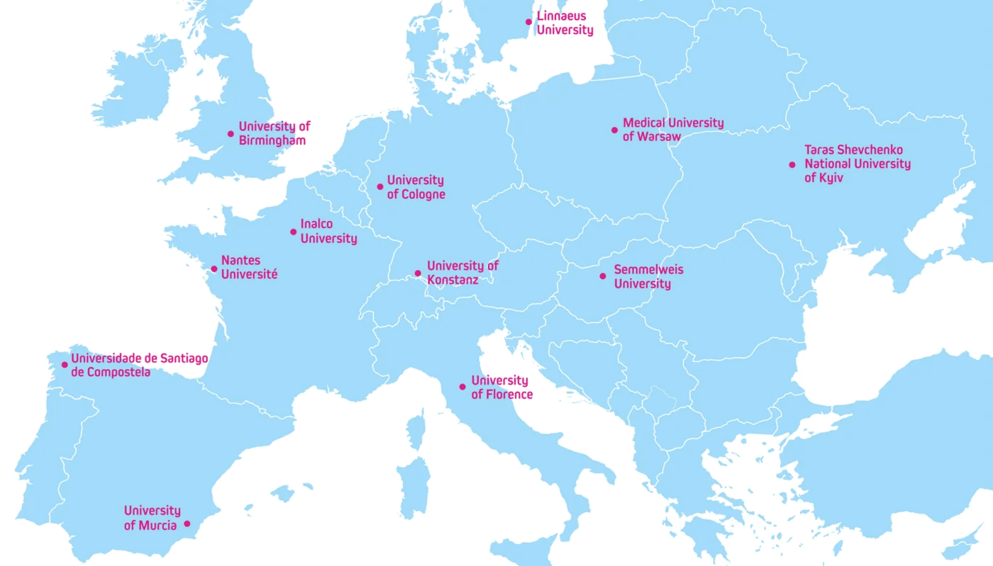 mapa Europy z zaznaczonymi dwunastoma uczelniami partnerskimi w ramach Sojuszu Europejski Uniwersytet dla Dobrostanu