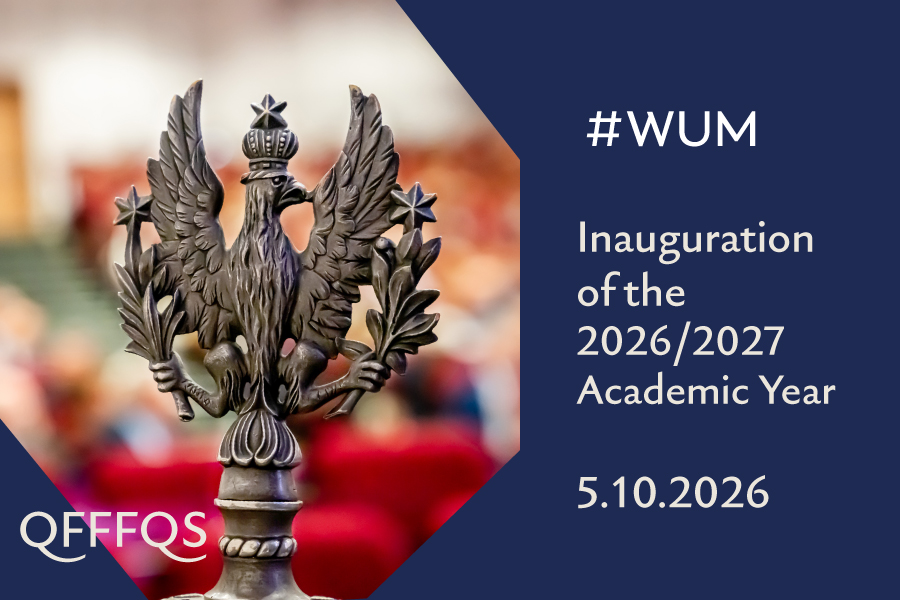 A graphic promoting the inauguration of the 2026/2027 academic year at WUM. On the left is a metal eagle, an element of the academic mace. In the background is a blurred view of the interior of a hall. On the right is the text: “#WUM Inauguration of the 2026/2027 Academic Year, October 5, 2026.” In the lower left corner is the QEFFQS logo.