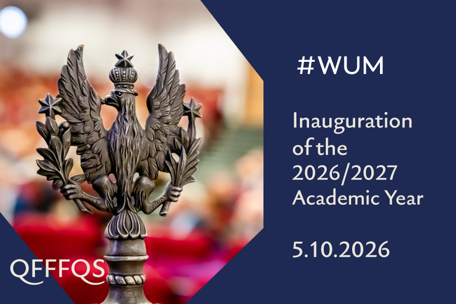 A graphic promoting the inauguration of the 2026/2027 academic year at WUM. On the left is a metal eagle, an element of the academic mace. In the background is a blurred view of the interior of a hall. On the right is the text: “#WUM Inauguration of the 2026/2027 Academic Year, October 5, 2026.” In the lower left corner is the QEFFQS logo.