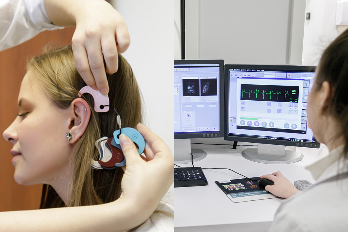 Kolaż dwóch zdjęć. Na pierwszym osoba zakłada młodej dziewczynie aparat słuchowy na ucho. Na drugim zdjęciu kobieta obsługuje stanowisko diagnostyczne z dwoma monitorami. Na ekranach widoczne są obrazy badań oraz zapis sygnału biomedycznego.