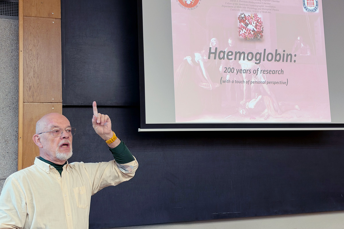 A lecturer stands in front of a presentation screen and gestures with one hand. The slide displays the presentation title, “Haemoglobin: 200 Years of Research”. The lecture is taking place in an academic lecture hall.