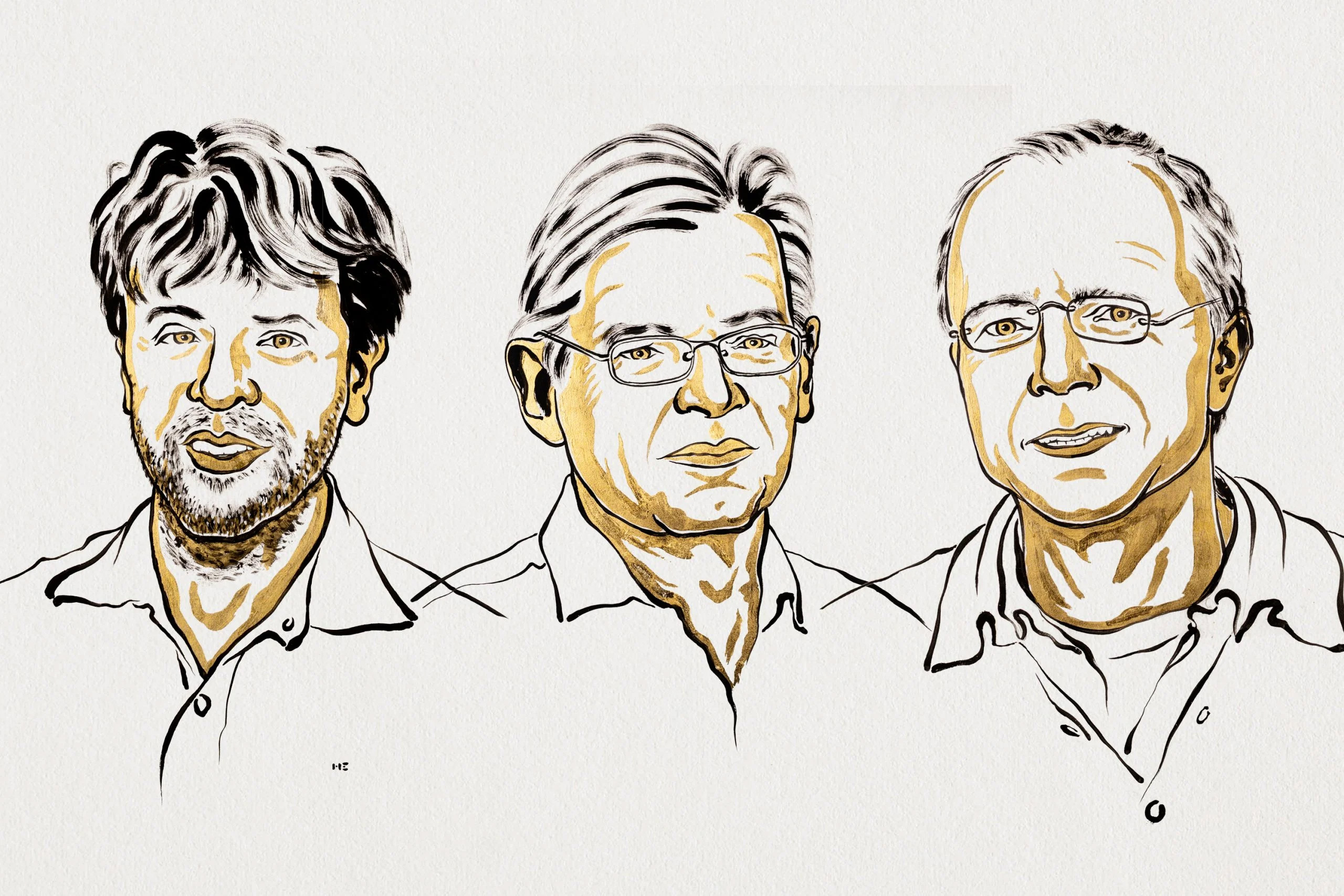 Three illustrated portraits of people arranged side by side against a light background. The illustrations depict busts viewed from the front. Two of the people are wearing glasses. The drawing is rendered in black lines with gold shading.