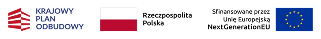 Zestaw logotypów: po lewej logo Krajowego Planu Odbudowy, na środku flaga Polski z napisem „Rzeczpospolita Polska”, po prawej tekst „Sfinansowane przez Unię Europejską NextGenerationEU” oraz flaga Unii Europejskiej.