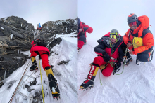 A collage of two photos. In the first, a person in a red jumpsuit is climbing a ladder up a snowy vertical mountain face. In the second photo, two people in red overalls, wearing hats, are smiling at the camera. They are on the slope of a snowy mountain.