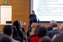 A young woman standing at the lectern. Elegantly dressed, wearing glasses. She is giving a presentation in front of an audience. On the screen behind her is displayed a slide with text in Polish and percentages. The audience is seated and facing the speaker.