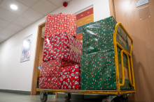 Wrapped gifts standing on a transport cart.