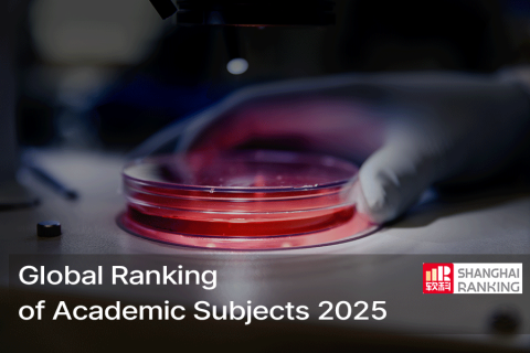 Close-up of a gloved hand holding a transparent Petri dish with red medium. A microscope lens is positioned above the dish. At the bottom, there is an inscription reading “Global Ranking of Academic Subjects 2025” and the “Shanghai Ranking” logo in red and white
