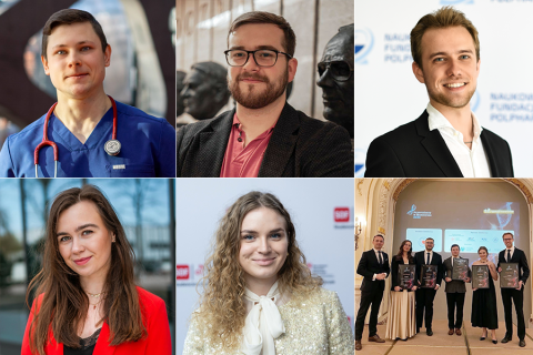 Kolaż składający się z 6 zdjęć. Na pierwszych pięciu są studenci i doktoranci, którzy zostali wyróżnieni, ostatnie to zdjęcie grupowe.