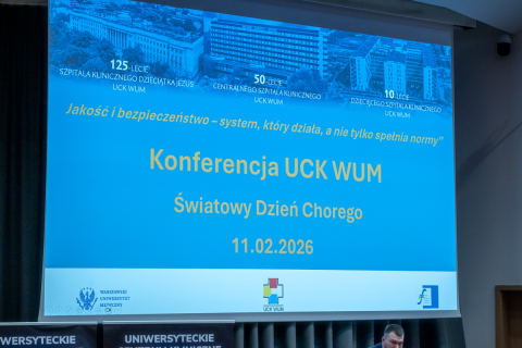 A large screen displays a slide with information about the UCK WUM conference held on the occasion of the World Day of the Sick, dated February 11, 2026.