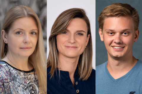 Three portrait photographs placed side by side. On the left, a person with long light hair looks directly at the camera against a blurred background. In the center, a person with shoulder-length hair poses against a light background. On the right, a person with short hair wears a blue shirt and poses against a gray background. All three images are close-up head-and-shoulders portraits.
