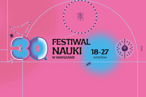 Grafika promująca 30. Festiwal Nauki w Warszawie. Na różowym tle widnieje duży napis „30. Festiwal Nauki w Warszawie” oraz termin „18–27 września”. Kompozycję uzupełniają jasnoniebieskie linie, okręgi, punkty i elementy przypominające schematy naukowe lub geometryczne. W centralnej części znajduje się niebieska plama gradientowa.