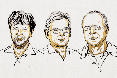 Three illustrated portraits of people arranged side by side against a light background. The illustrations depict busts viewed from the front. Two of the people are wearing glasses. The drawing is rendered in black lines with gold shading.